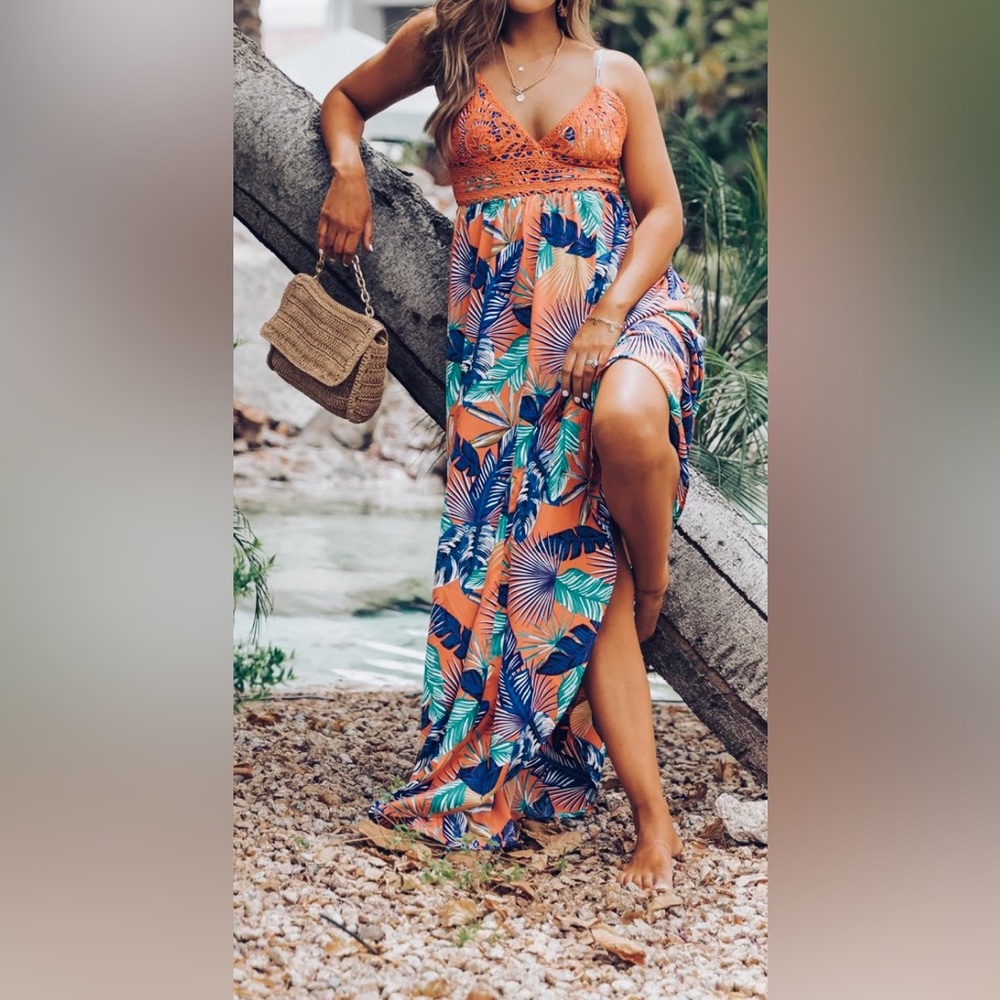 Multi Color Print Crochet Cami Maxi Dress